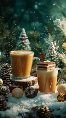 Cozy winter scene with two steaming mugs of coffee surrounded by snow dusted pinecones and Christmas ornaments, set against backdrop of snow covered trees, evokes festive and warm atmosphere