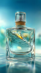 Clear glass perfume bottle with minimalist design is showcased against vibrant background, highlighting its high end appeal and elegance