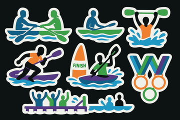 Colorful kayak and canoe stickers celebrating water sports achievement