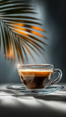 Small clear glass cup of warm coffee sits on saucer, with steam rising gently. background features blurred palm leaf casting shadow, creating cozy and inviting atmosphere