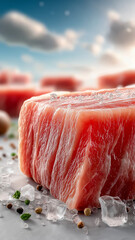 Close up of raw meat with ice cubes and peppercorns on reflective surface under blue sky, creating fresh and appetizing look
