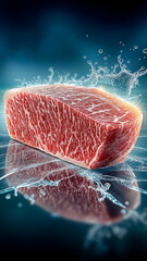 Perfectly cut piece of marbled beef steak is showcased with water splashes, highlighting its high quality and freshness. intricate marbling and vibrant colors emphasize its premium nature