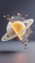Digital rendering of planet with rings, surrounded by smaller celestial bodies, features glowing network of lines and particles, creating futuristic and sci fi aesthetic
