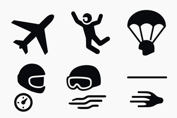 Skydiving and aviation icons in simple silhouette style