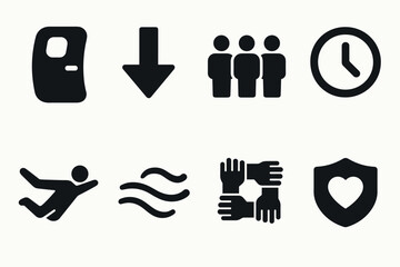 Set of black silhouette icons for transport, people, time, and safety themes