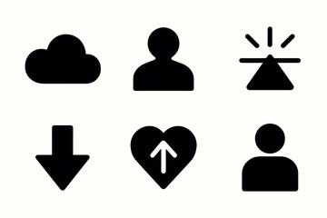Minimalist icons: cloud, avatar, alert, download, heart, user symbols
