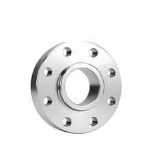 Polished metallic flange with bolt holes isolated on white background