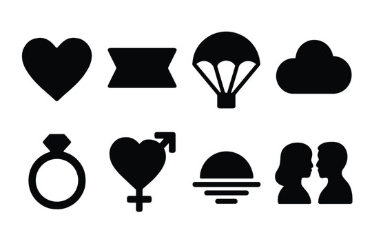 Silhouette collection: heart, cloud, parachute, and couple icons for creative designs