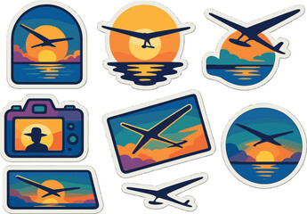 Retro sunset travel stickers with airplane silhouette and scenic views