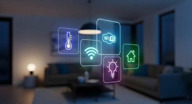 Smart home automation system concept modern living room iot technology connected devices future home - Powered by Adobe