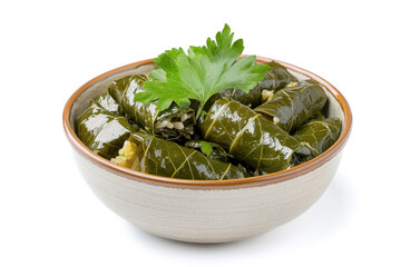 Sarma, Weintraubenblätter mit Reis-Füllung, auch Dolmades oder Dolma, freigestellt vor weissem Hintergrund, Generative AI