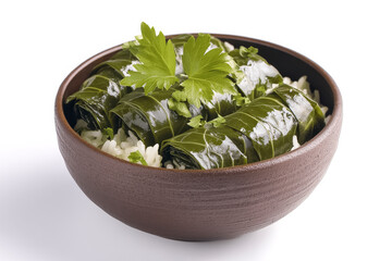 Sarma, Weintraubenblätter mit Reis-Füllung, auch Dolmades oder Dolma, freigestellt vor weissem Hintergrund, Generative AI