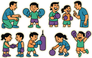 Cartoon characters at boxing class: kids learning, exercising, and engaging with coach
