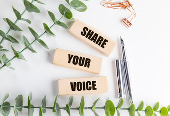 Wooden blocks with text share your voice on white background with green leaves, pen and rose gold clips