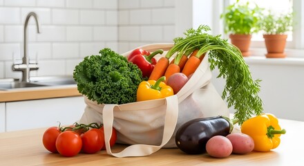 Fresh organic vegetables in tote bag on kitchen counter healthy eating and lifestyle stock photo image