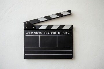 Obraz premium A black movie clapperboard with a message about starting a story
