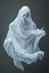 Spuk, Gespenst in durchsichtigen Tüchern schwebt durch die Luft, freigestellt vor neutralem Hintergrund, Generative AI