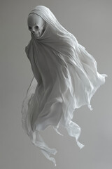 Spuk, Gespenst in durchsichtigen Tüchern schwebt durch die Luft, freigestellt vor neutralem Hintergrund, Generative AI