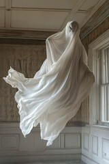 Spuk, Gespenst in durchsichtigen Tüchern schwebt in einem alten Haus durch die Luft, Generative KI