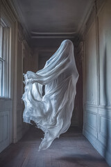 Spuk, Gespenst in durchsichtigen Tüchern schwebt in einem alten Haus durch die Luft, Generative KI