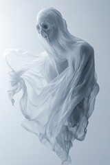 Spuk, Gespenst in durchsichtigen Tüchern schwebt durch die Luft, freigestellt vor neutralem Hintergrund, Generative AI
