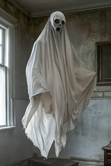 Spuk, Gespenst in durchsichtigen Tüchern schwebt in einem alten Haus durch die Luft, Generative KI