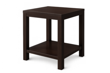 Side table made of dark brown wood, showcasing a square shape and two functional shelves for contemporary interior design