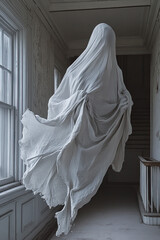 Spuk, Gespenst in durchsichtigen Tüchern schwebt in einem alten Haus durch die Luft, Generative KI