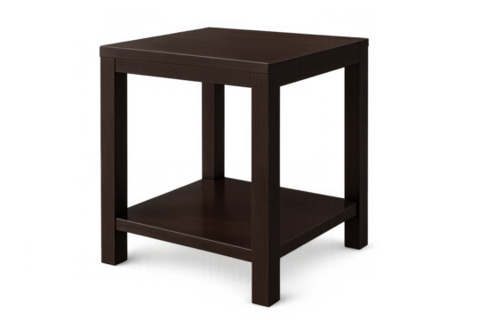 Side table made of dark brown wood, showcasing a square shape and two functional shelves for contemporary interior design
