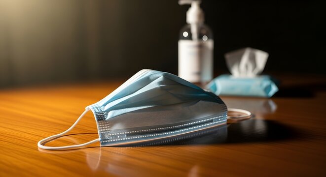 Face mask hand sanitizer and wipes on table for virus protection and hygiene healthcare concept