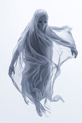 Spuk, Gespenst in durchsichtigen Tüchern schwebt durch die Luft, freigestellt vor weissem Hintergrund, Generative AI