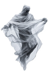 Spuk, Gespenst in durchsichtigen Tüchern schwebt durch die Luft, freigestellt vor weissem Hintergrund, Generative AI