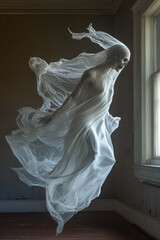 Spuk, Gespenst in durchsichtigen Tüchern schwebt in einem alten Haus durch die Luft, Generative KI