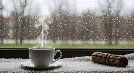 Cozy rainy day scene with coffee cup by window perfect for relaxation and mindfulness moment