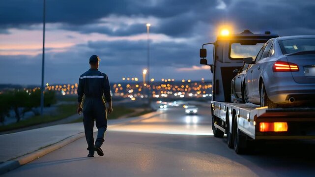Silhouette of a faceless technician walking past a generic car on a flatbed recovery truck, evening road lights blurred in the distance, with copy space