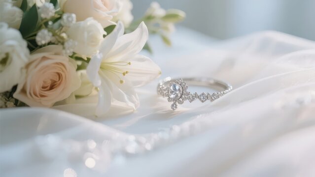 A diamond ring and a bouquet of warm-toned flowers are placed in front of a white gauze background, presenting a romantic wedding gesture and an exquisite aesthetic atmosphere.