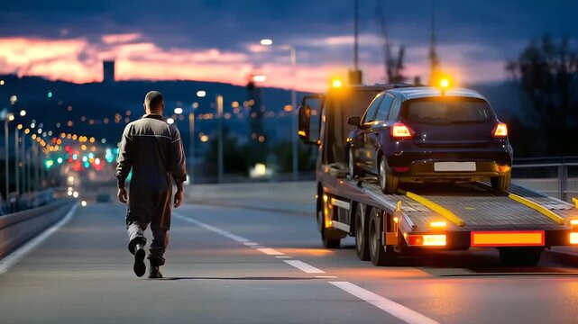 Silhouette of a faceless technician walking past a generic car on a flatbed recovery truck, evening road lights blurred in the distance, with copy space