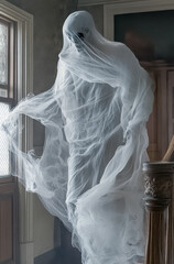 Spuk, Gespenst in durchsichtigen Tüchern schwebt in einem alten Haus durch die Luft, Generative KI