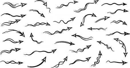 Flowing doodle arrows set sketch thin pointer symbols showing complex curved directions lines