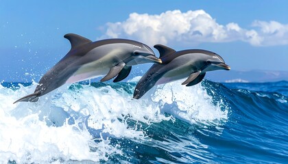 Fototapeta premium Two dolphins leap from churning blue ocean water under a bright sky with puffy white clouds in the background