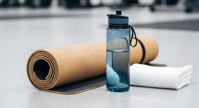 Yoga mat water bottle and towel fitness essentials for workout routine and healthy lifestyle