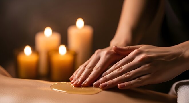 Relaxing massage therapy with aromatherapy oil and candlelight for stress relief and wellness spa