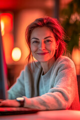 Eine glückliche, 60-jährige Frau sitzt an ihrem Computer und blickt direkt in die Kamera. Rote Beleuchtung, Generative KI