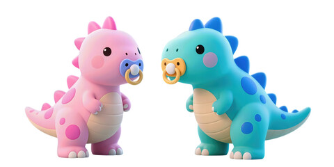 Cute pink and blue baby dinosaurs with pacifiers