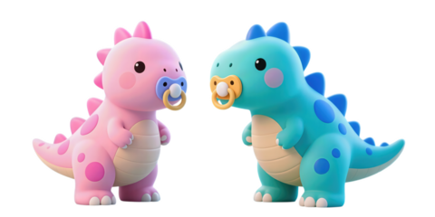 Cute pink and blue baby dinosaurs with pacifiers