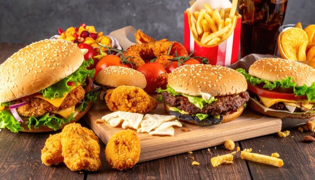 many junk unhealthy fast food on the table ultra processed food concept low nutrition value high calories value 