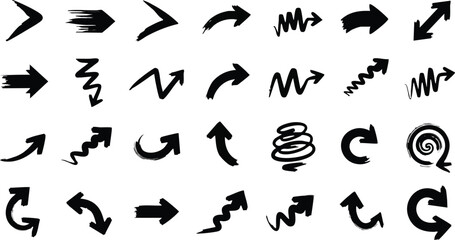 Large collection of varied black hand drawn doodle arrows design elements on background