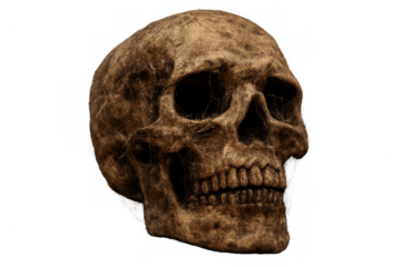 Human skull bone close-up on transparent background symbolizing death danger medical anatomy and halloween decor