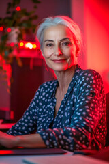 Eine glückliche, 60-jährige Frau sitzt an ihrem Computer und blickt direkt in die Kamera. Rote Beleuchtung, Generative KI