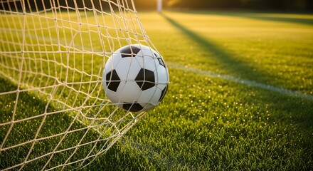 Soccer ball in net goal scoring winning game sport activity grass field stadium championship